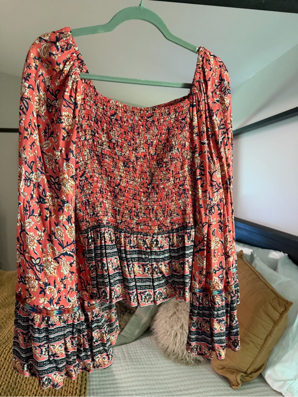 Angie Coral Floral Smocked Boho Tunic with Mixed Border Print